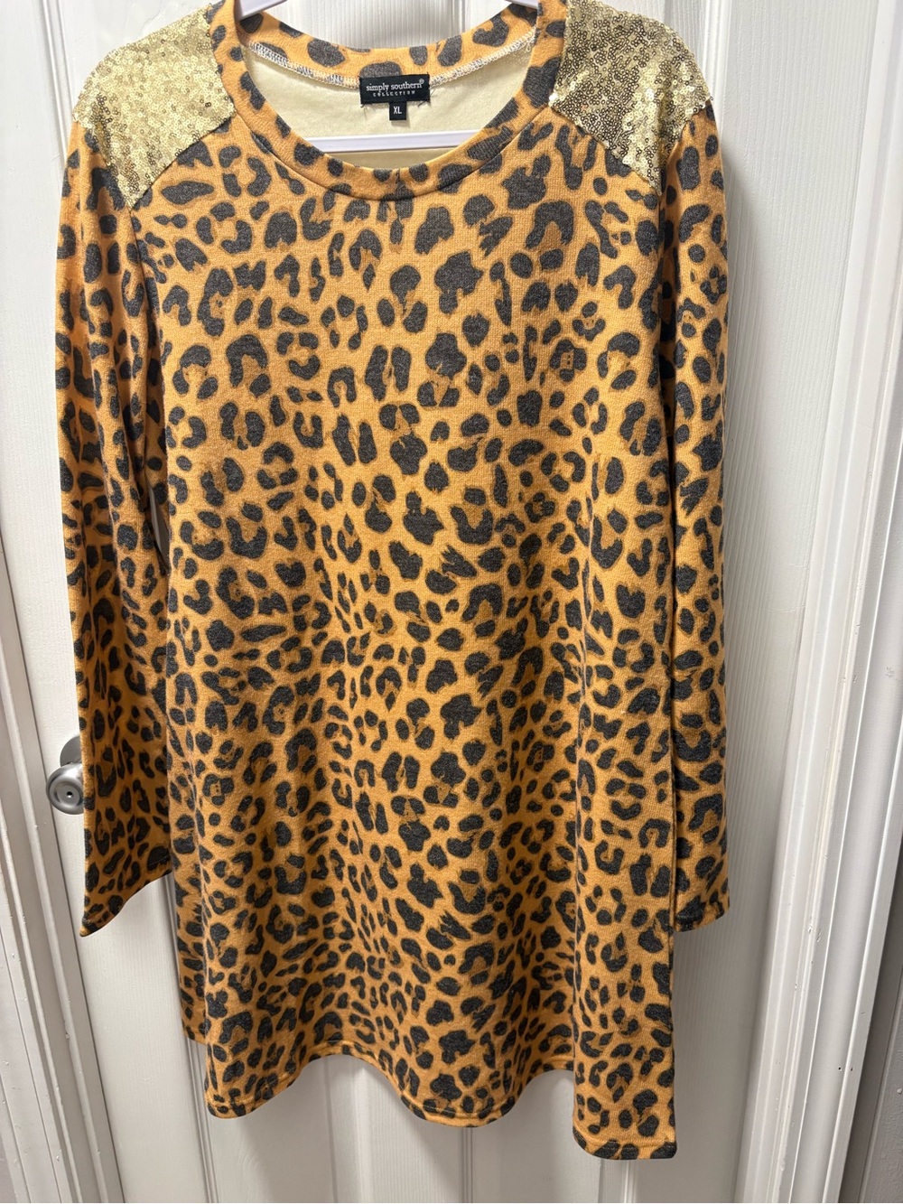 Simply Southern Leopard Print Midi Dress with Gold Sequin Shoulders
